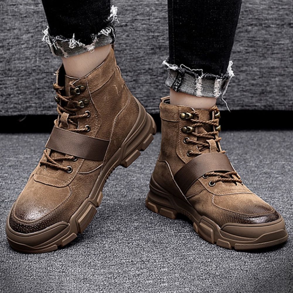 Botas Masculinas De Inverno Lisas De Bico Redondo Com Cadarço Na Frente