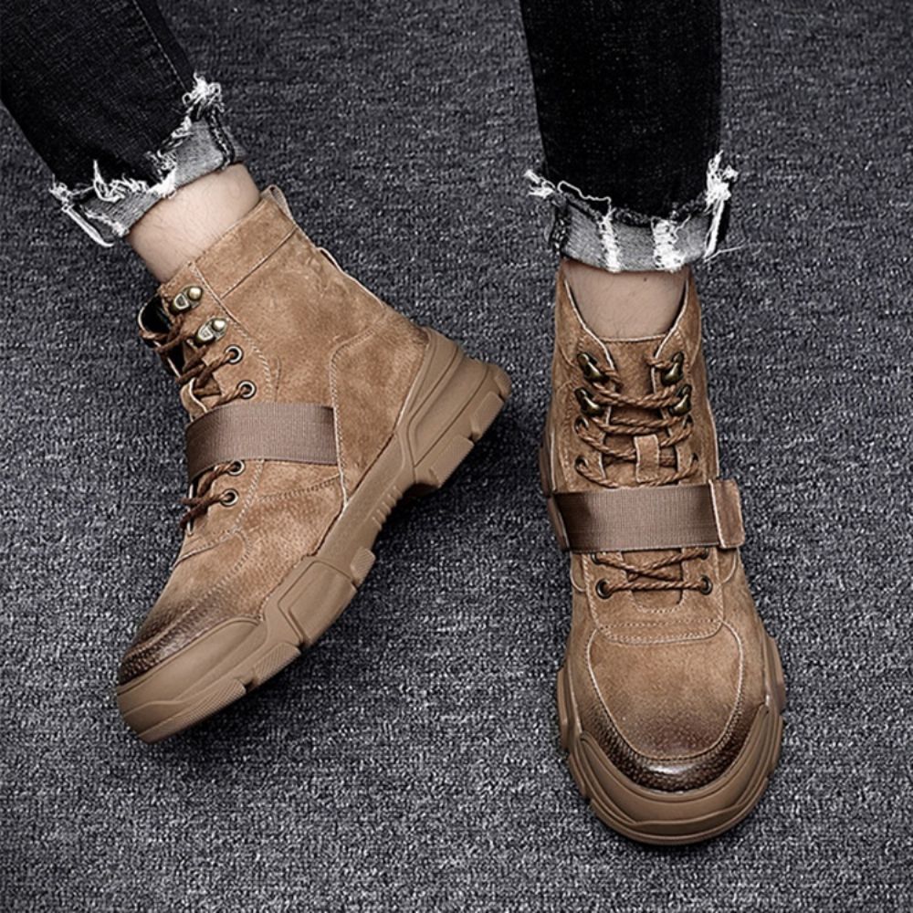 Botas Masculinas De Inverno Lisas De Bico Redondo Com Cadarço Na Frente