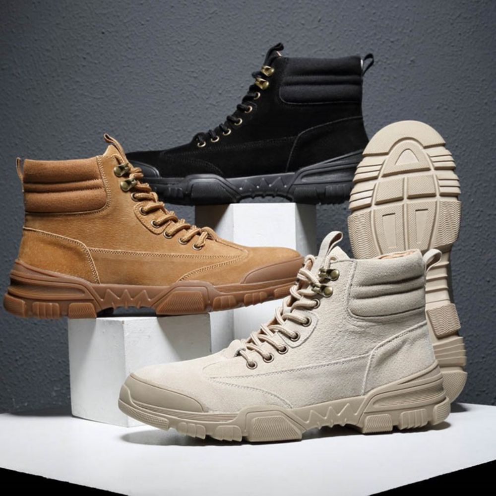 Botas Masculinas Lisas De Bico Redondo Com Cadarço Na Frente