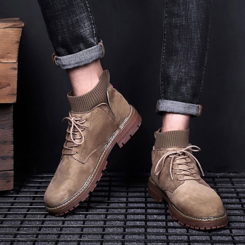 Botas Masculinas Simples Com Cadarço Na Frente Bico Redondo