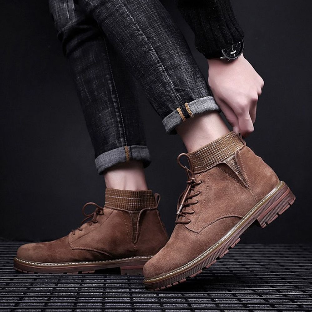 Botas Masculinas Simples Com Cadarço Na Frente Bico Redondo