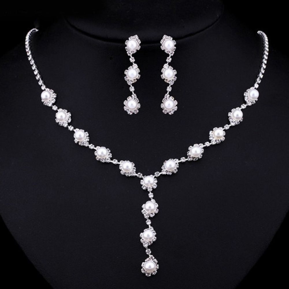 Conjunto De Joias De Noiva Com Diamantes E Pérolas De Casamento