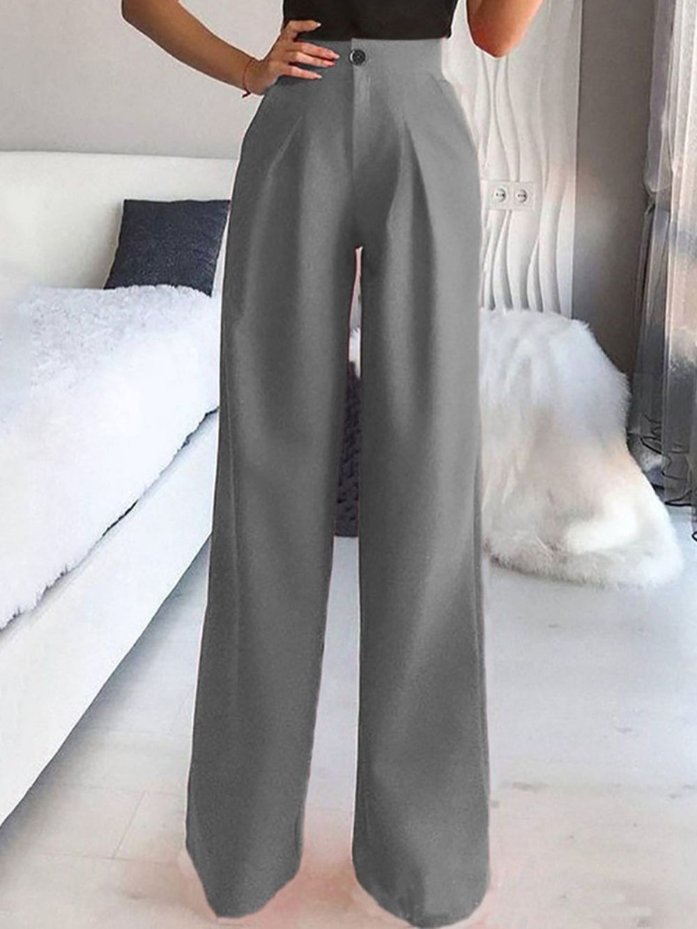 Calça Casual Folgada Com Botão Liso Cintura Média