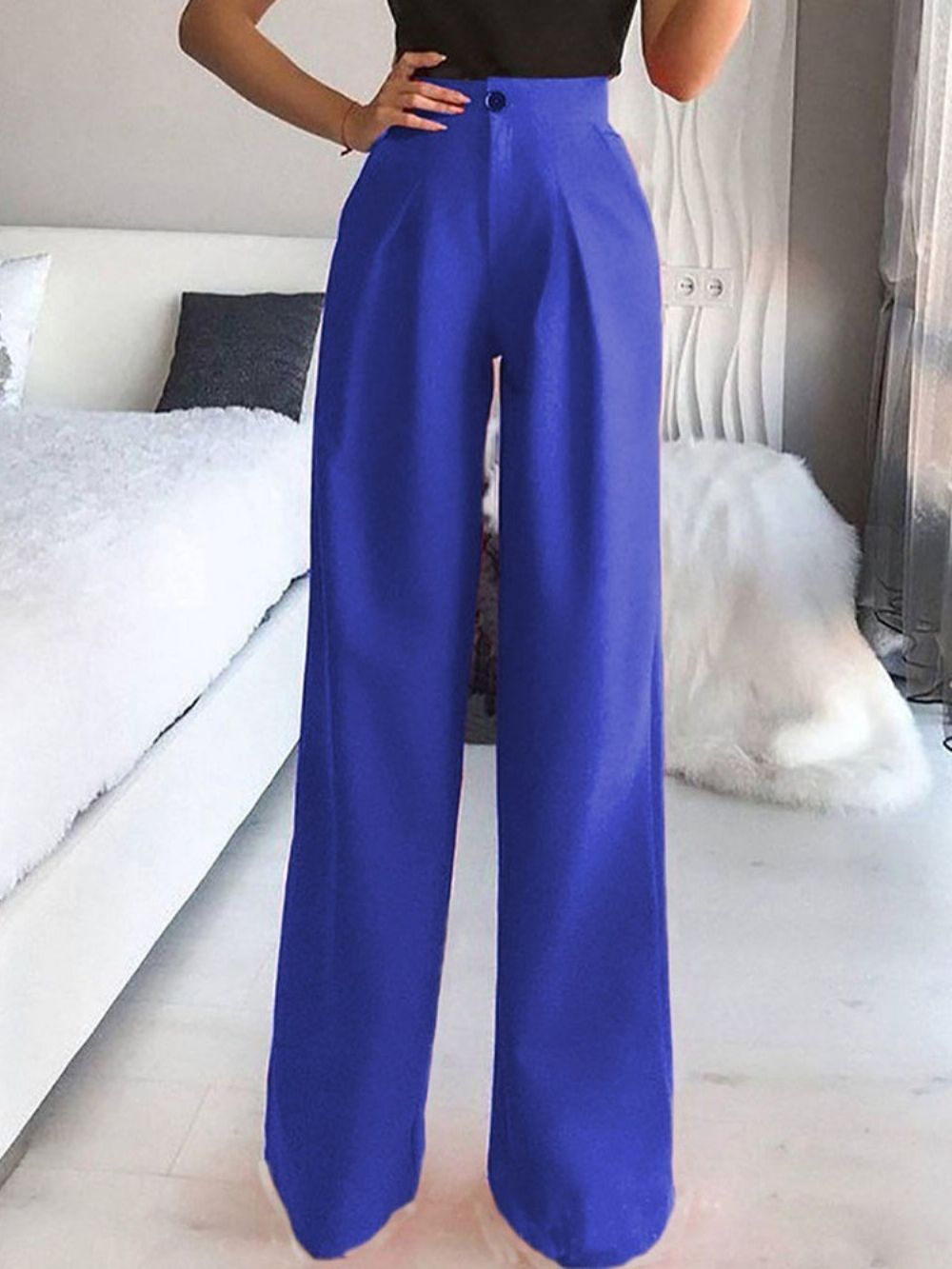 Calça Casual Folgada Com Botão Liso Cintura Média