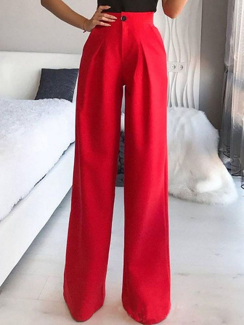 Calça Casual Folgada Com Botão Liso Cintura Média