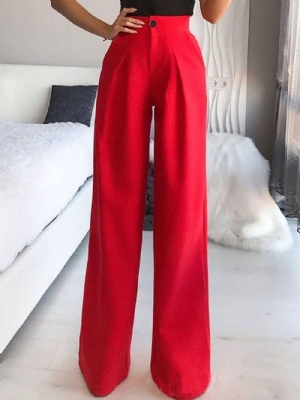 Calça Casual Folgada Com Botão Liso Cintura Média