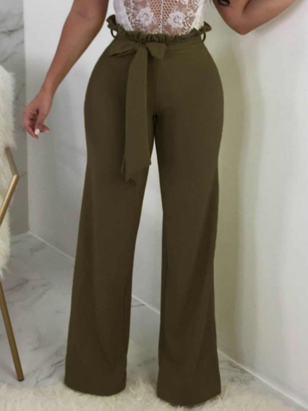 Calça Casual Simples Com Cadarço Solta Comprimento Total Pernas Largas