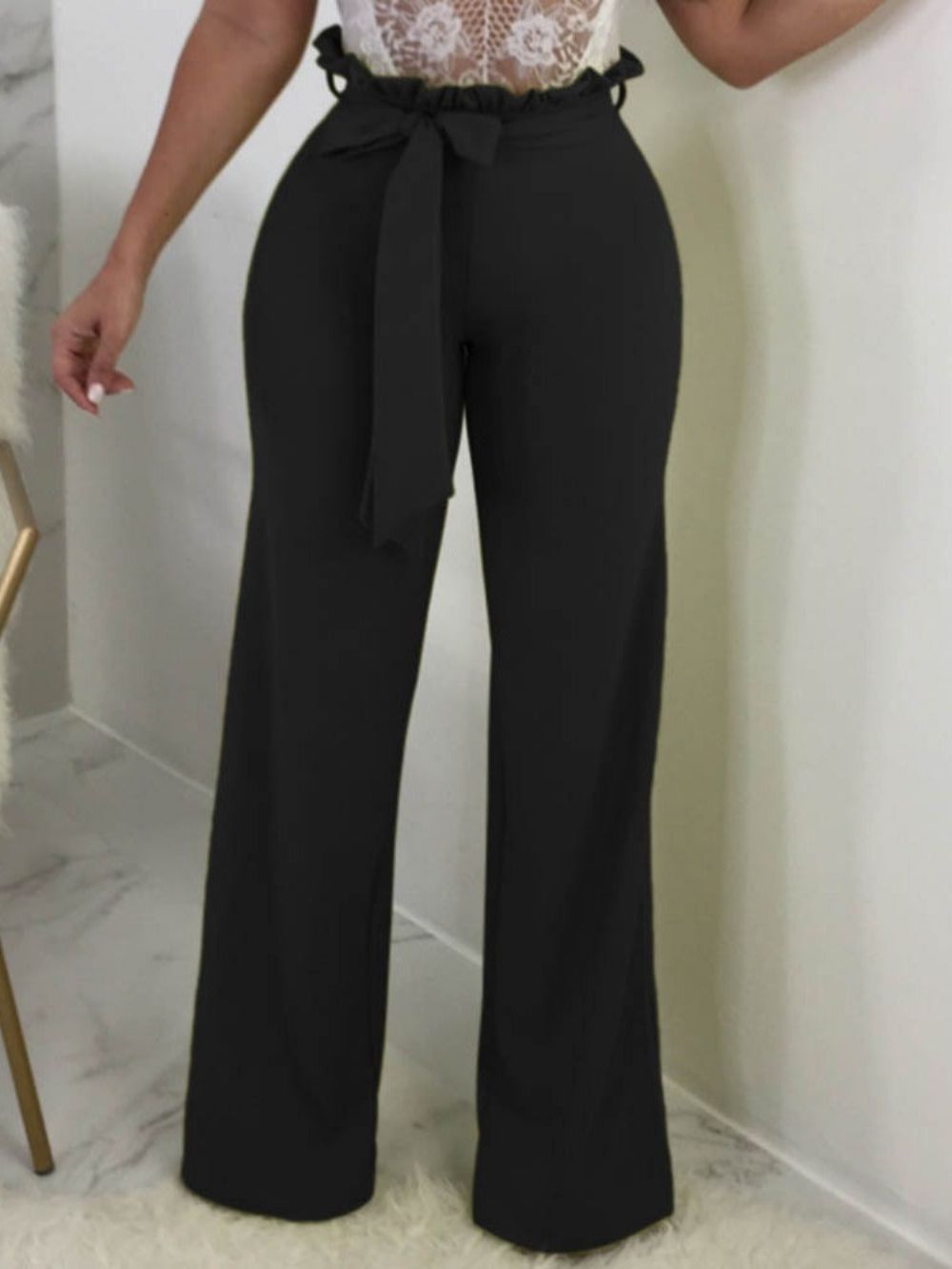 Calça Casual Simples Com Cadarço Solta Comprimento Total Pernas Largas