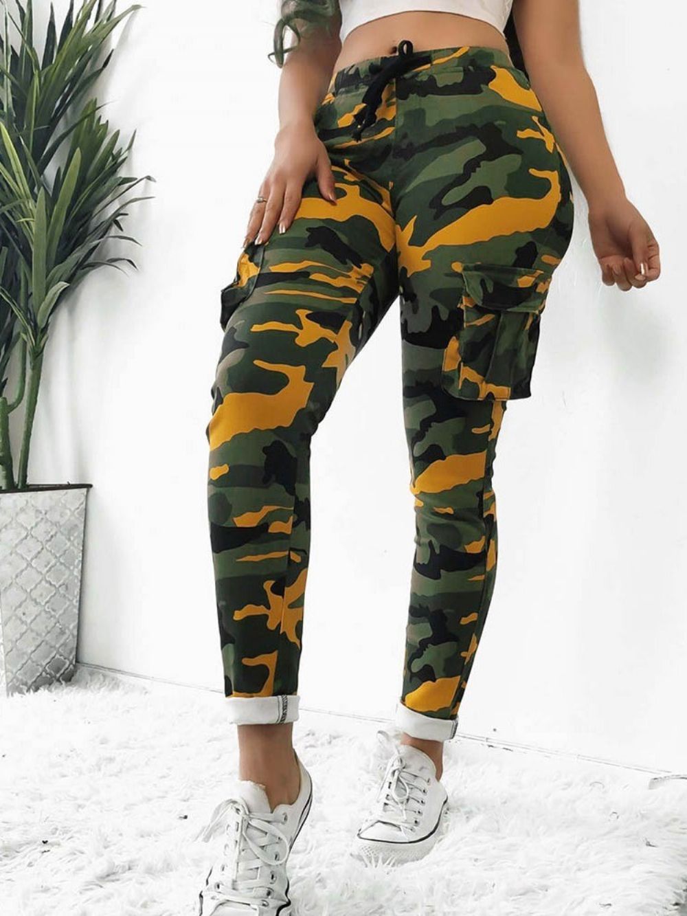 Calça Feminina Camuflagem Bolso Cintura Alta Cintura Alta Comprimento Total