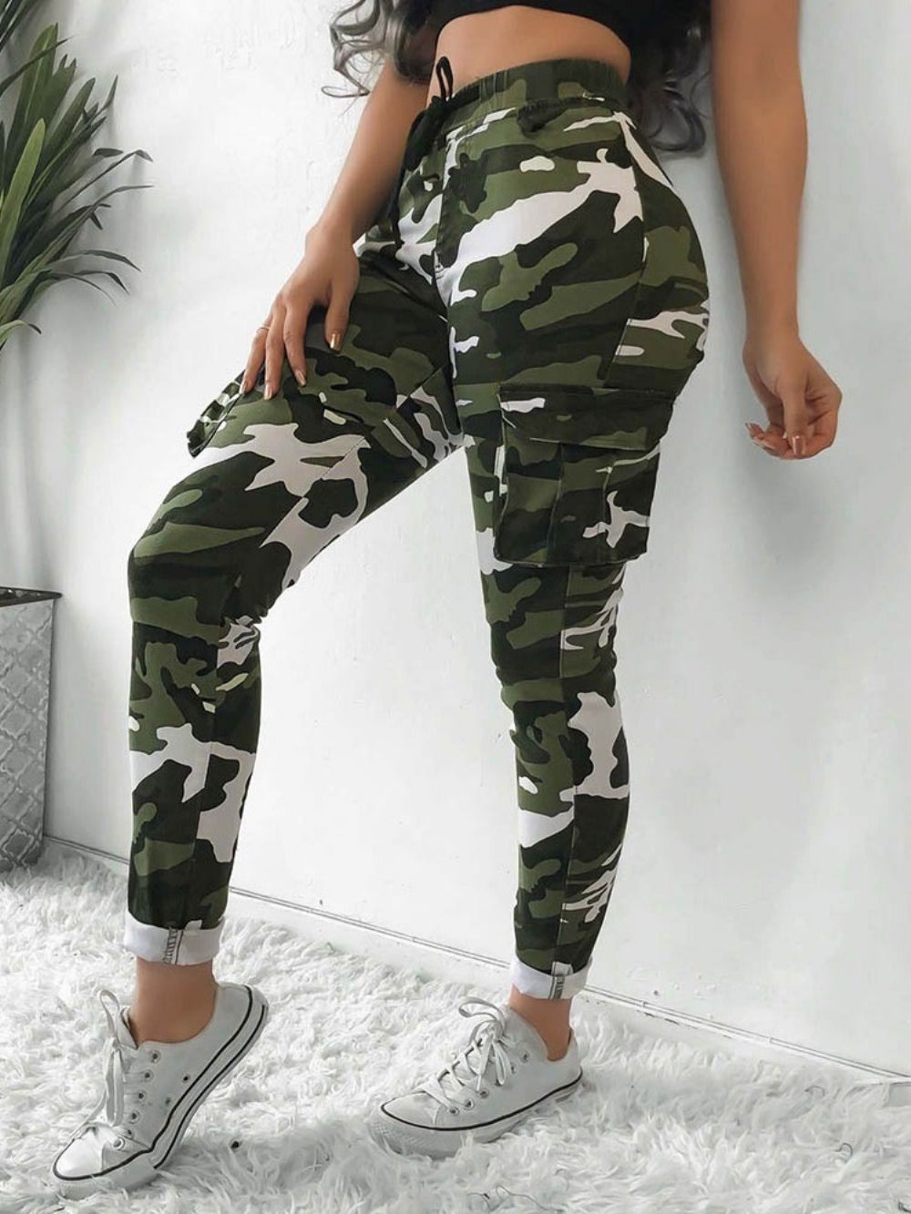 Calça Feminina Camuflagem Bolso Cintura Alta Cintura Alta Comprimento Total