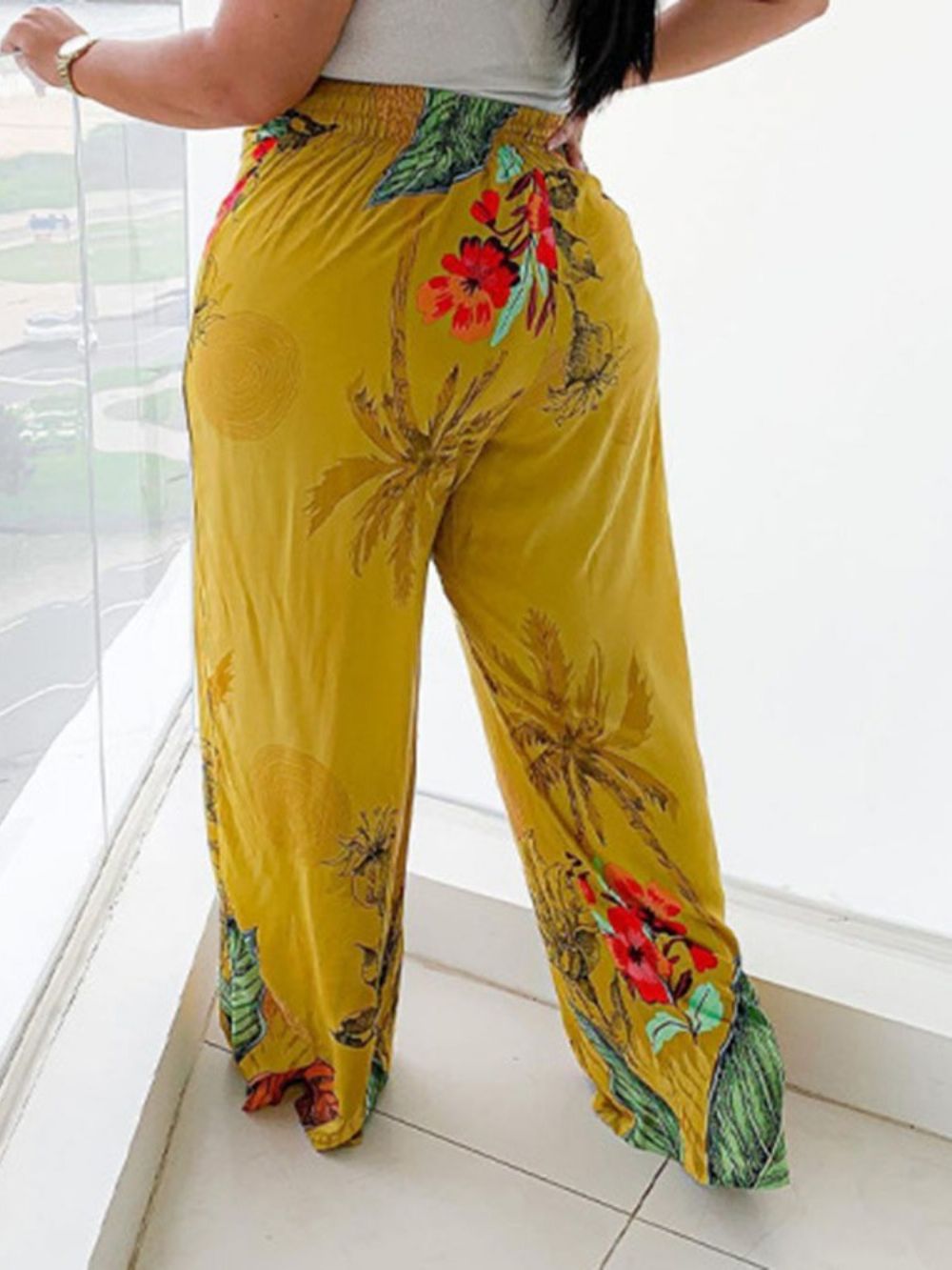 Calça Feminina Casual Com Estampa Floral Solta Pernas Largas