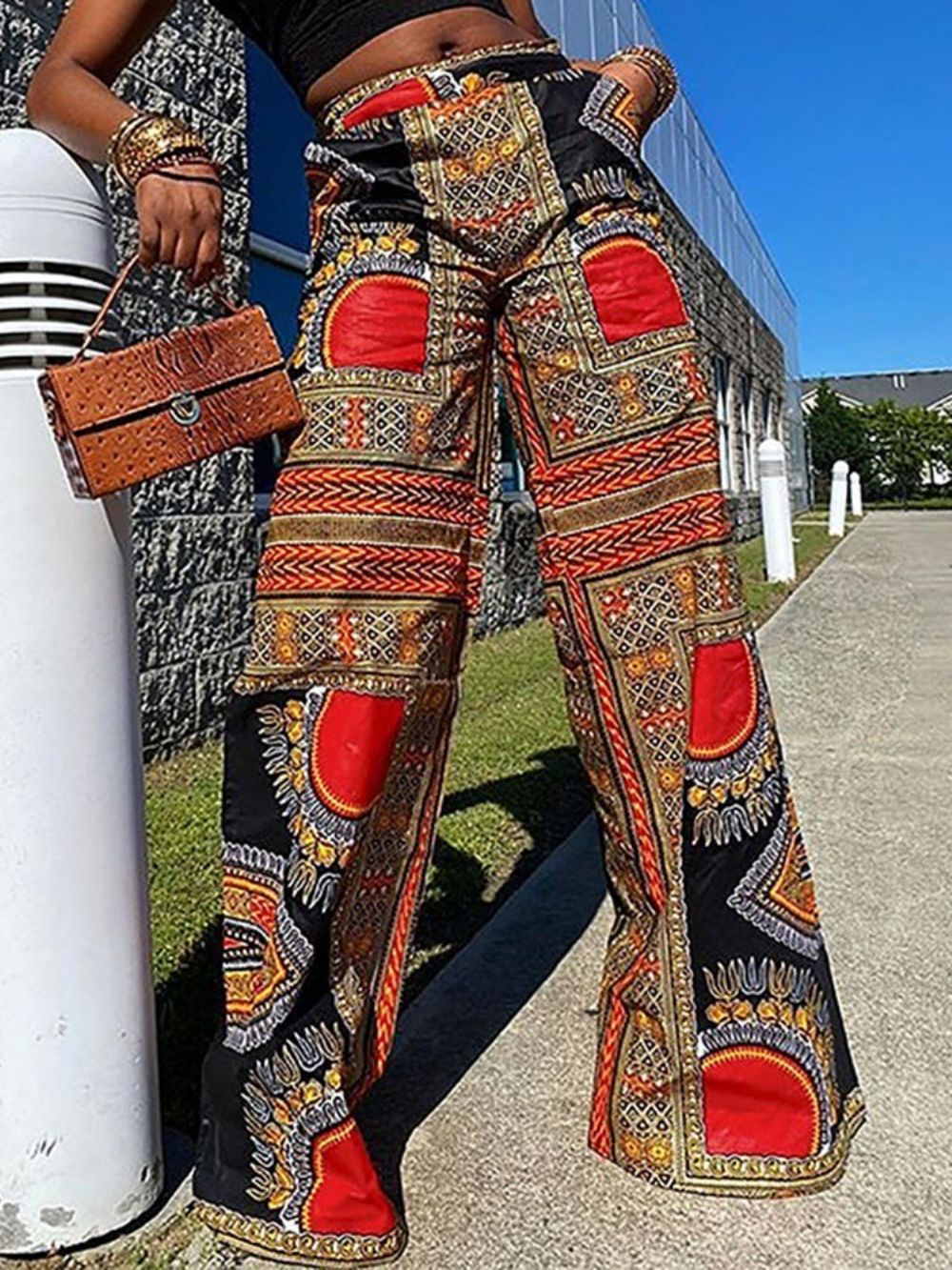 Calça Feminina Casual De Retalhos Geométricos Soltos Pernas Largas Cintura Alta