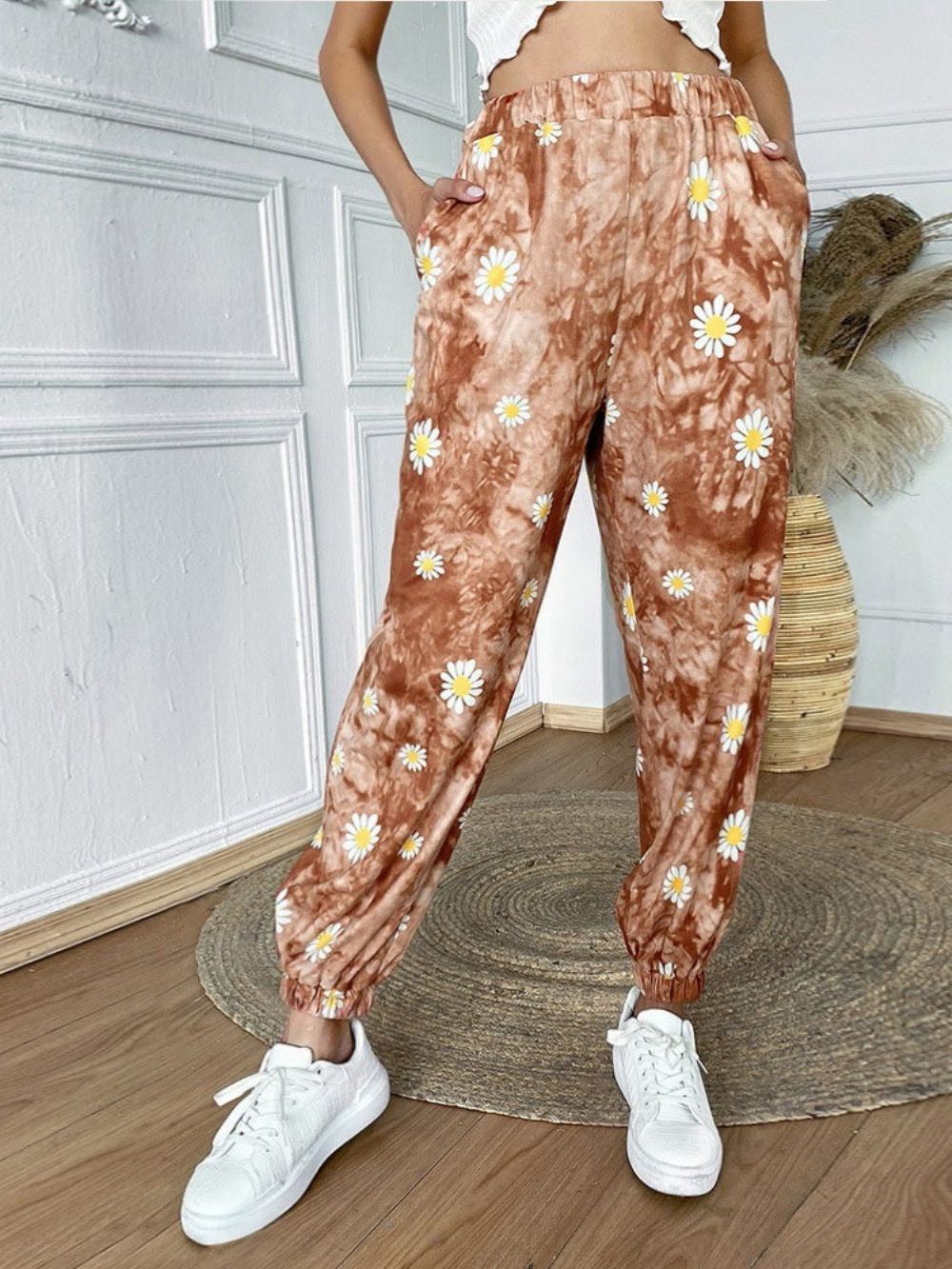 Calça Feminina Com Estampa Floral Solta Cintura Alta Até O Tornozelo