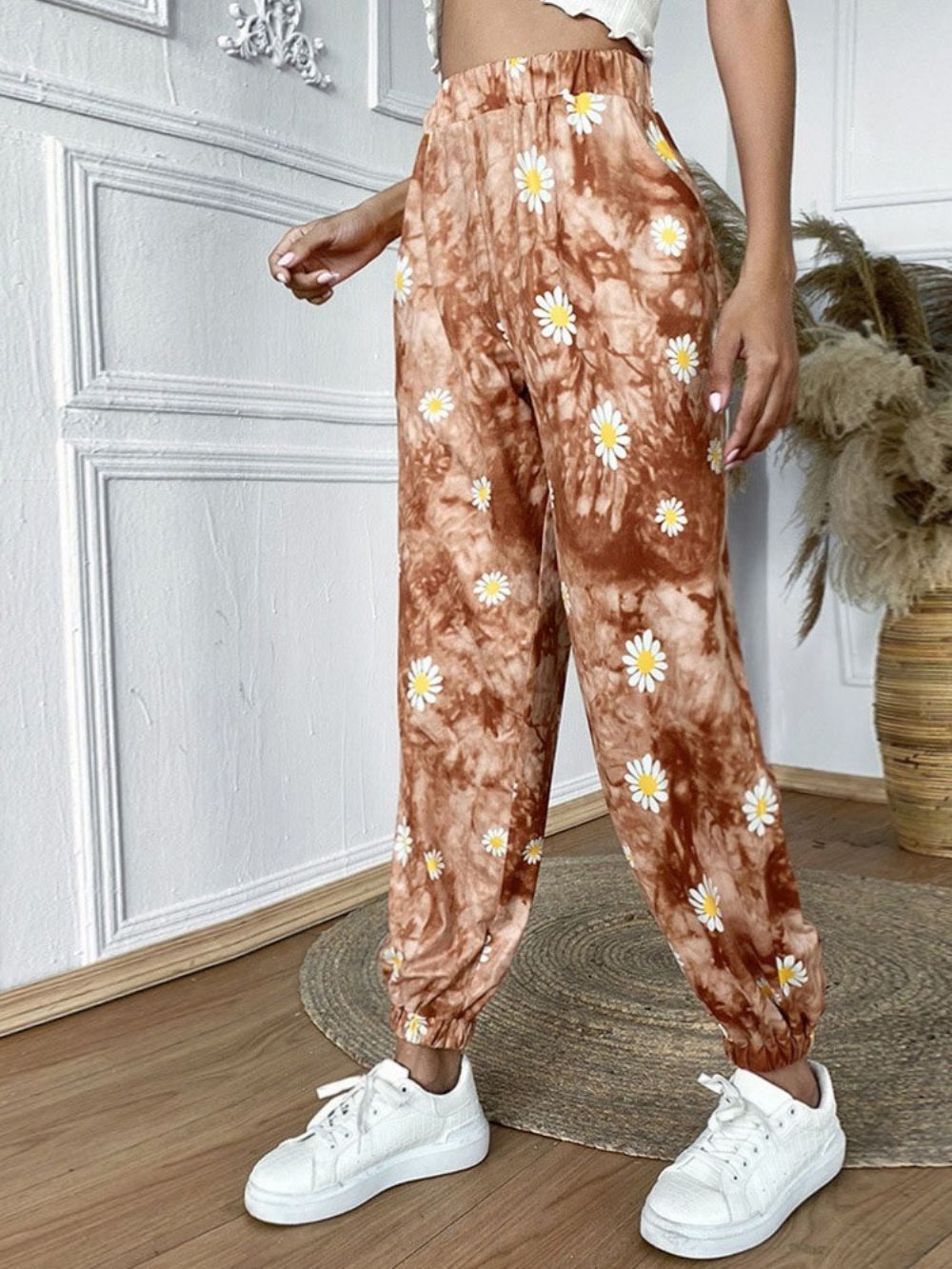 Calça Feminina Com Estampa Floral Solta Cintura Alta Até O Tornozelo