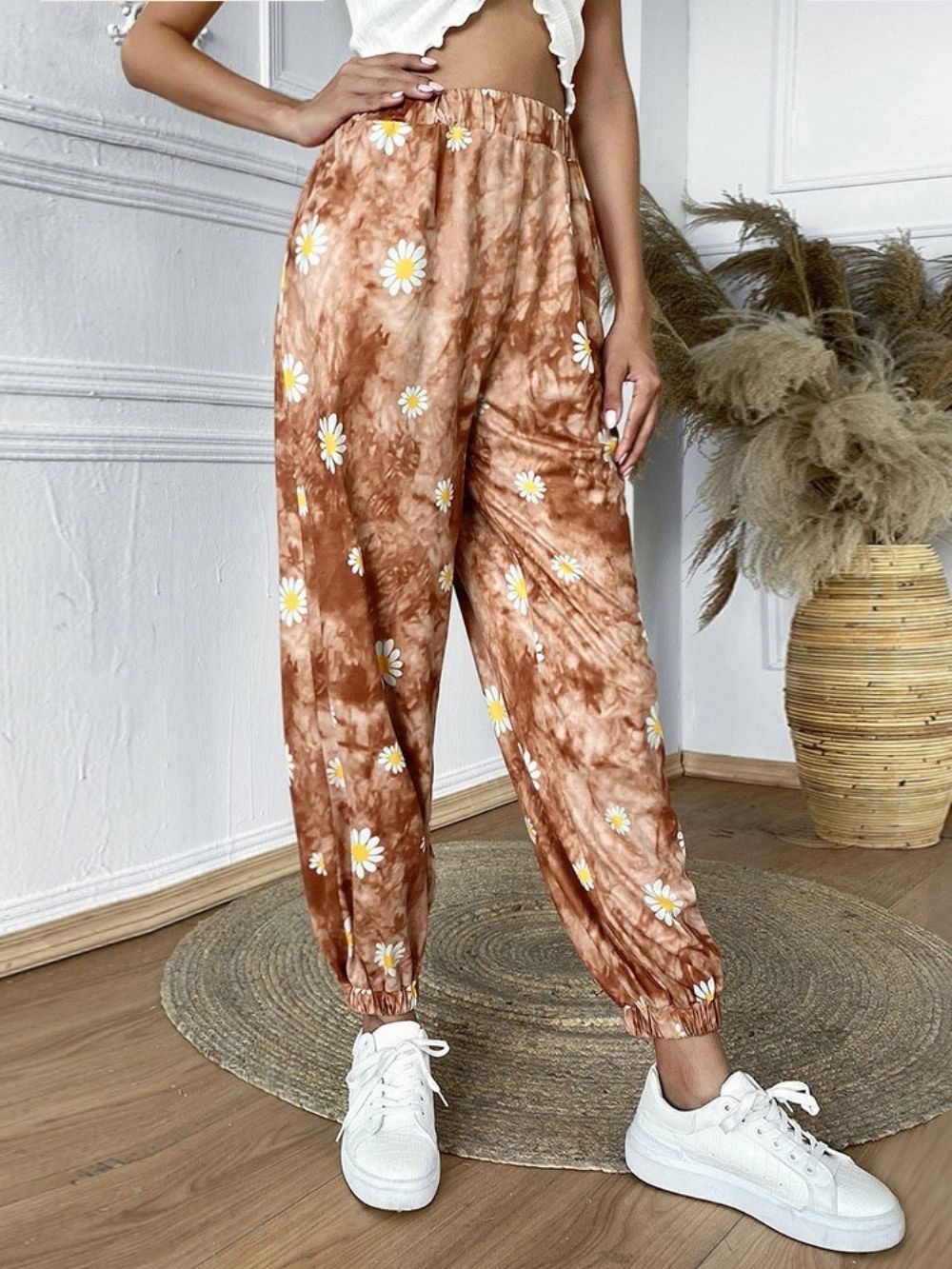 Calça Feminina Com Estampa Floral Solta Cintura Alta Até O Tornozelo