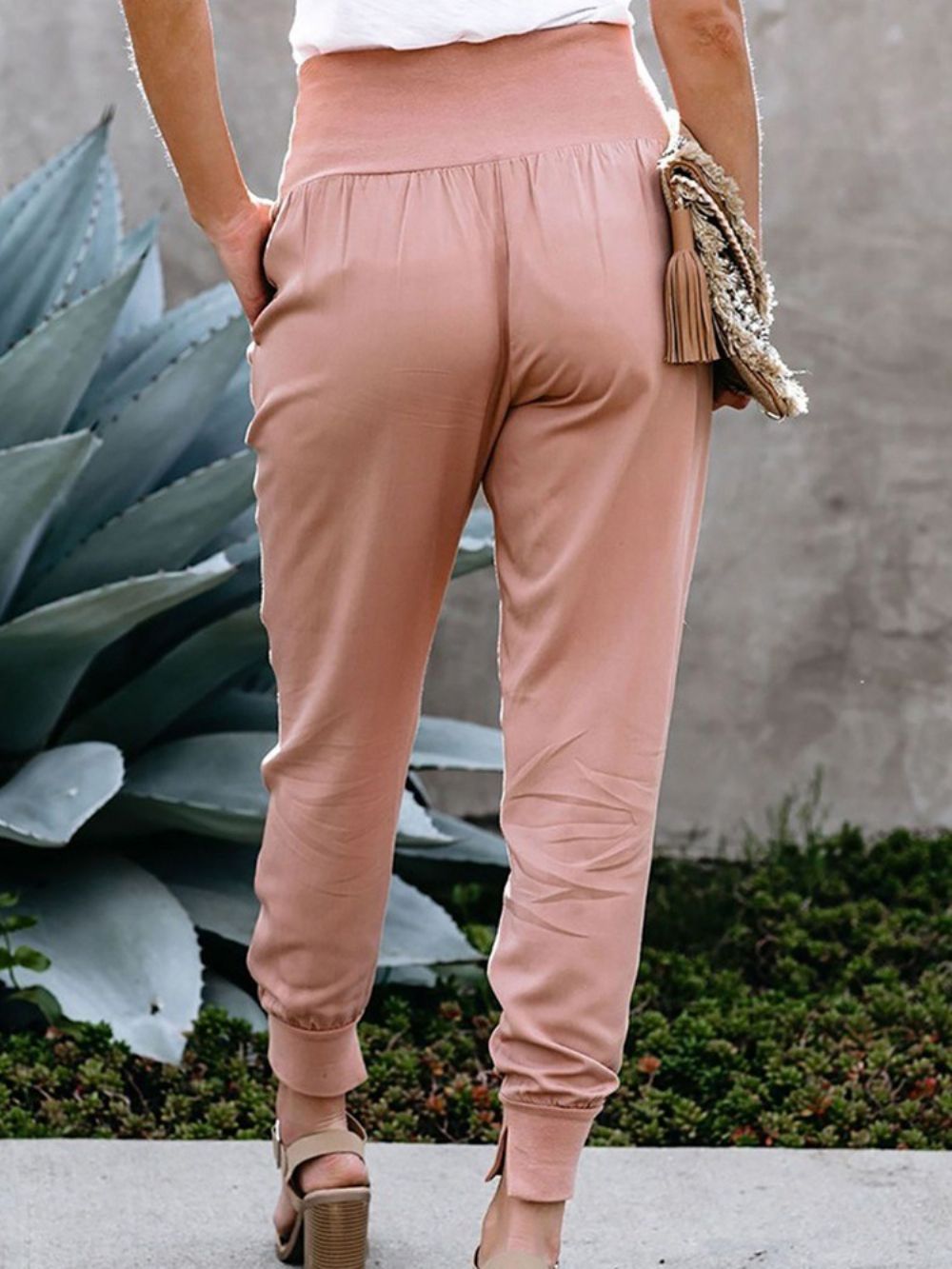 Calça Lisa De Bolso Solta Lápis Até O Tornozelo Calças Femininas