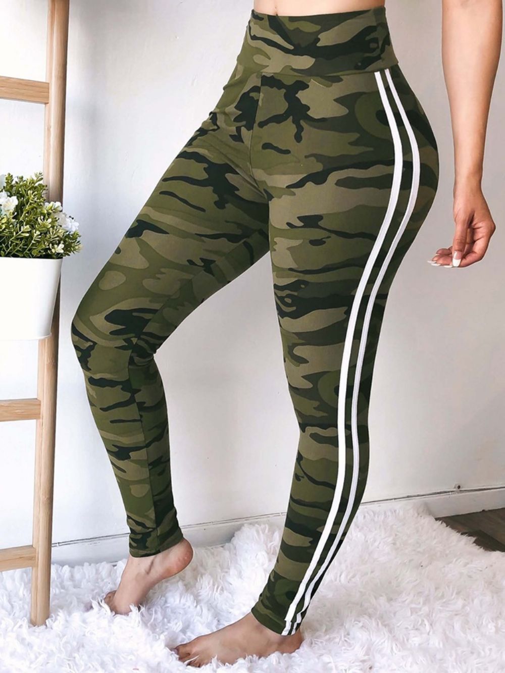 Calças Casuais De Cintura Alta Com Estampa Skinny Camuflada