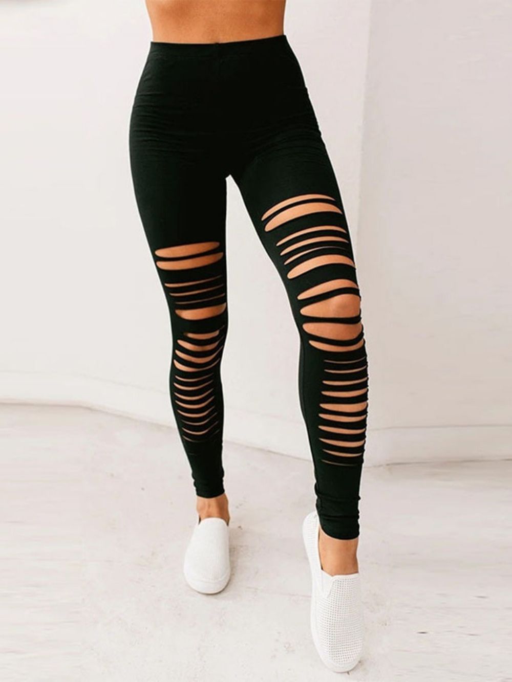 Calças Femininas Skinny Com Furo Simples E Cintura Média