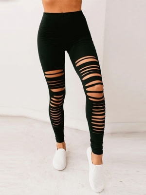 Calças Femininas Skinny Com Furo Simples E Cintura Média