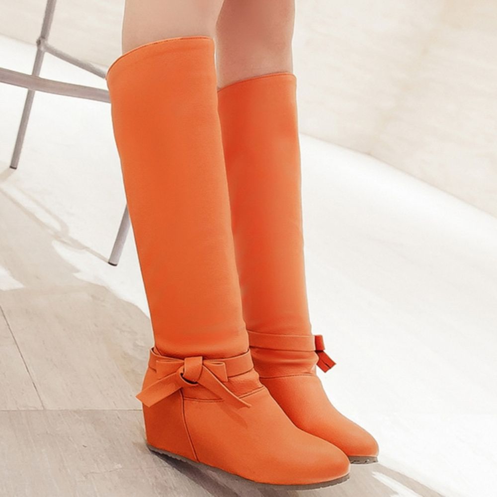 Botas De Cano Alto Com Salto Alto Em Pu Bowknot