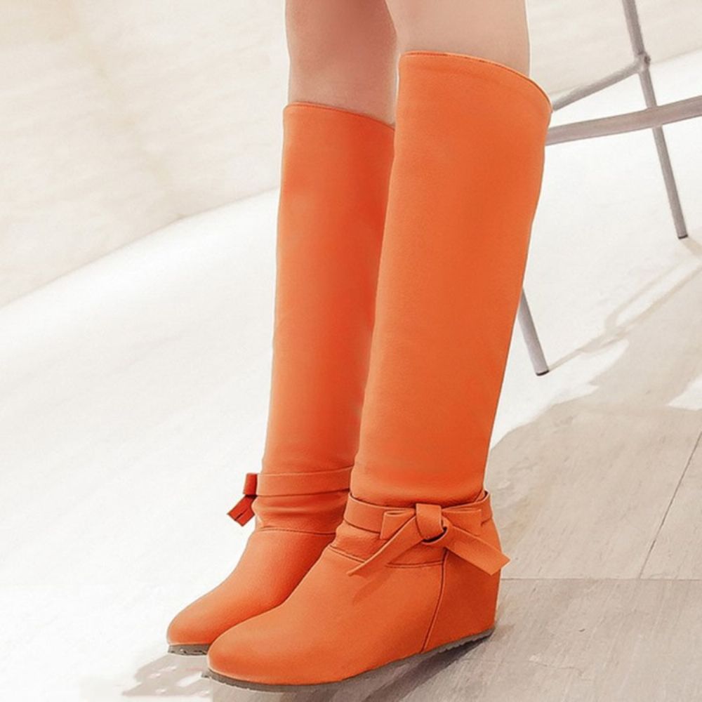 Botas De Cano Alto Com Salto Alto Em Pu Bowknot