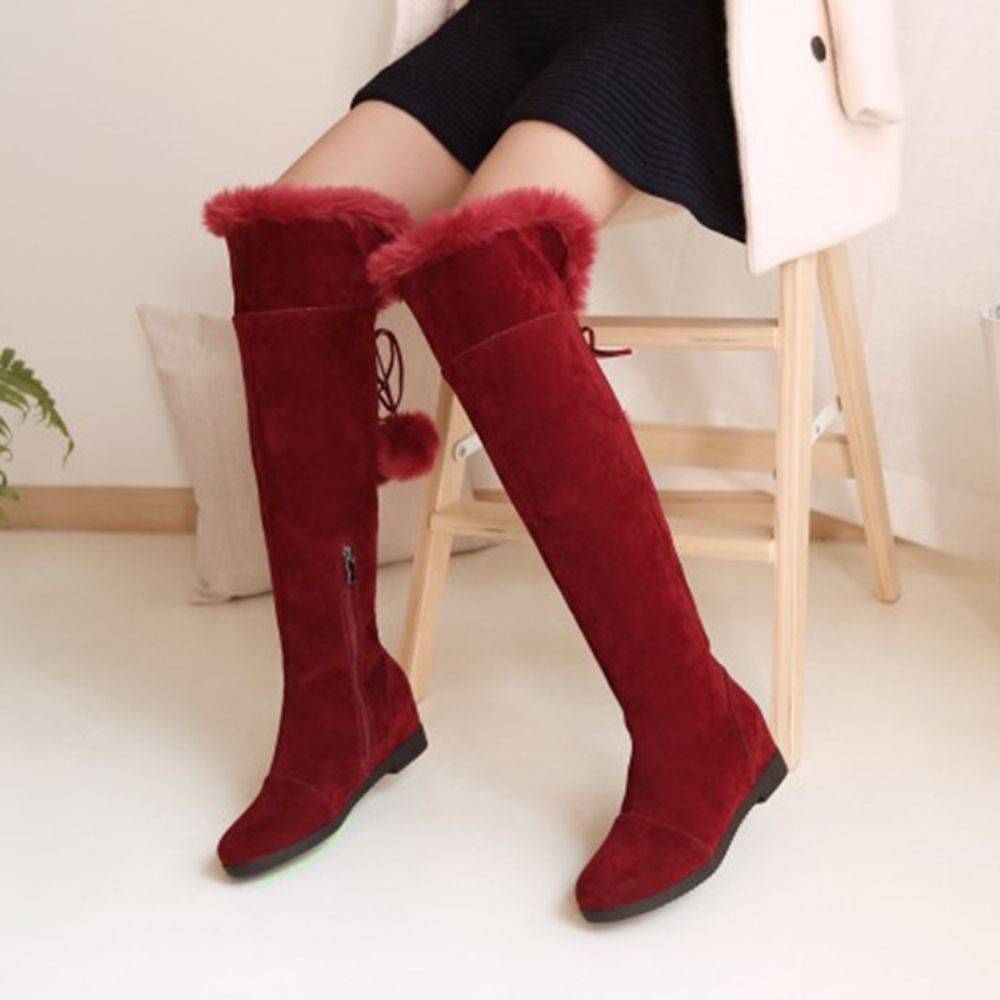 Botas Femininas Até O Joelho Felpudas Pompon Lisas