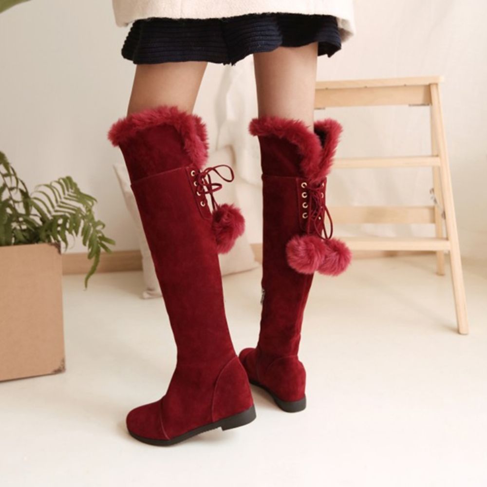 Botas Femininas Até O Joelho Felpudas Pompon Lisas