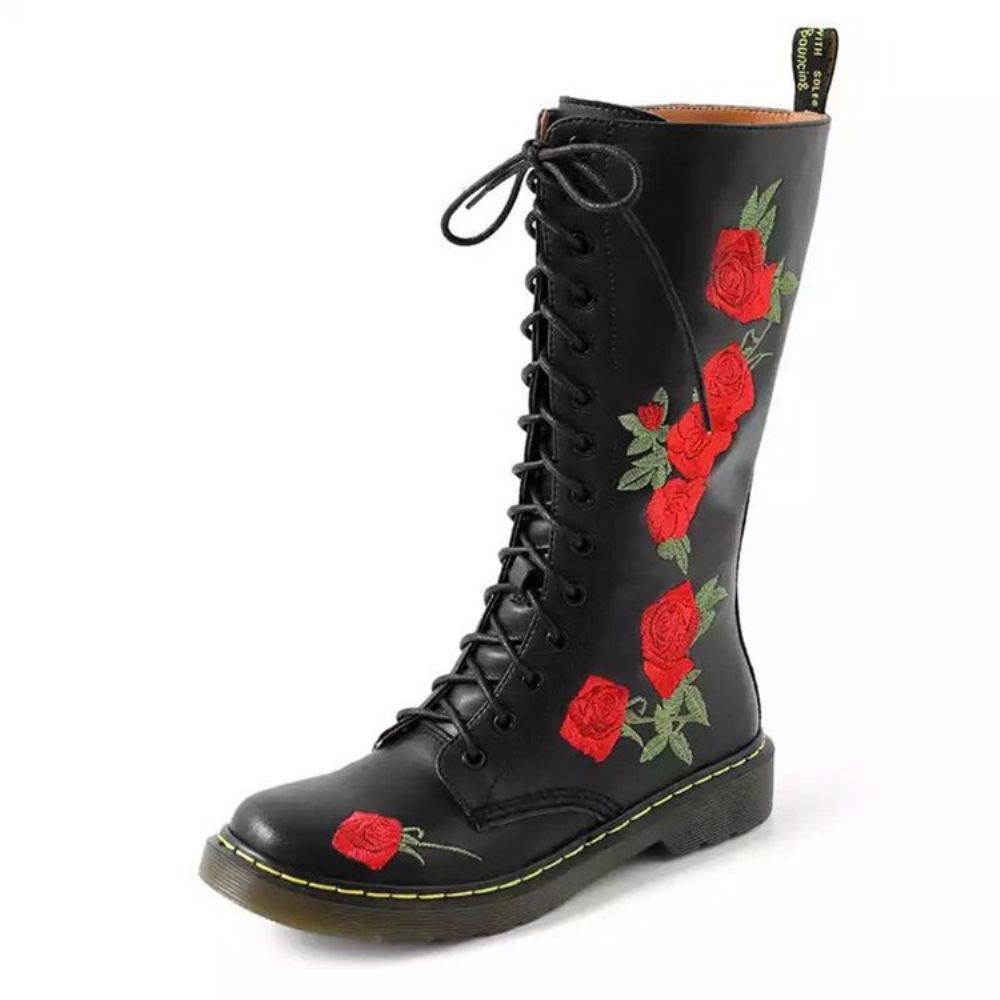 Botas Ocidentais De Bico Redondo Floral Com Zíper Lateral