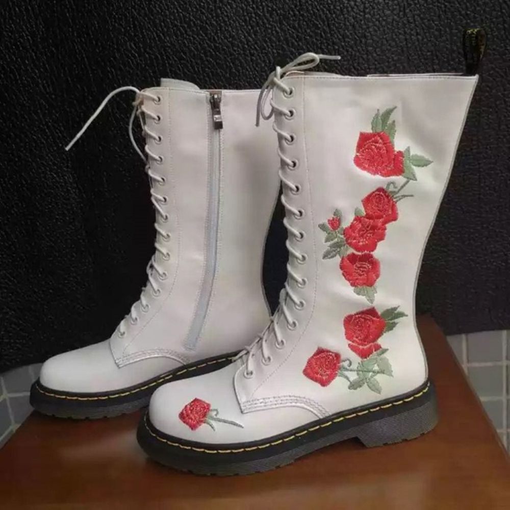 Botas Ocidentais De Bico Redondo Floral Com Zíper Lateral