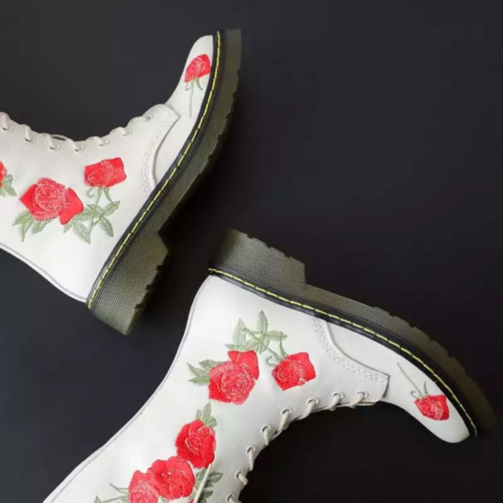 Botas Ocidentais De Bico Redondo Floral Com Zíper Lateral