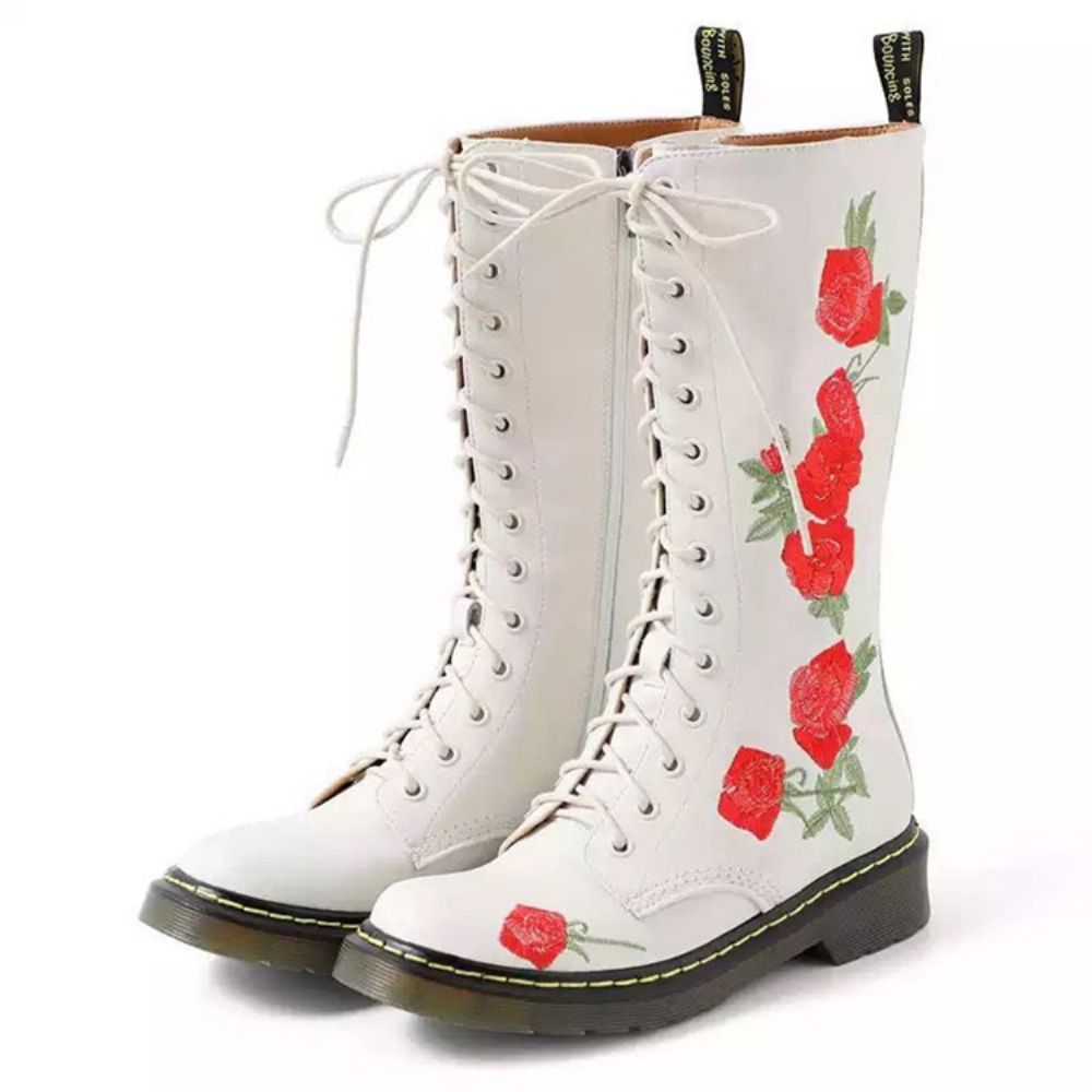 Botas Ocidentais De Bico Redondo Floral Com Zíper Lateral