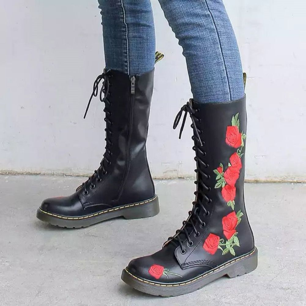 Botas Ocidentais De Bico Redondo Floral Com Zíper Lateral