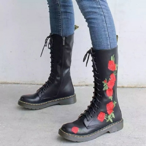 Botas Ocidentais De Bico Redondo Floral Com Zíper Lateral