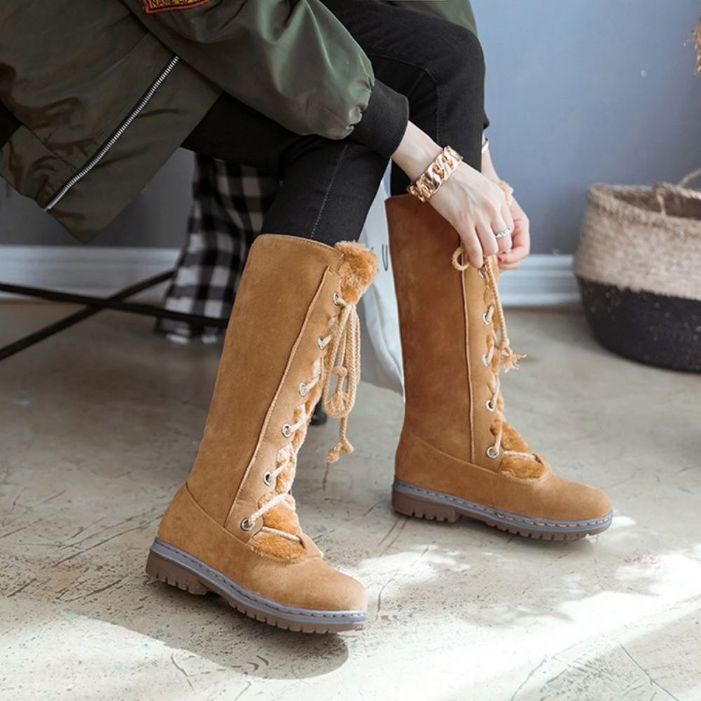 Botas De Neve Femininas Lisas De Bico Redondo Com Cadarço Na Frente