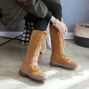 Botas De Neve Femininas Lisas De Bico Redondo Com Cadarço Na Frente