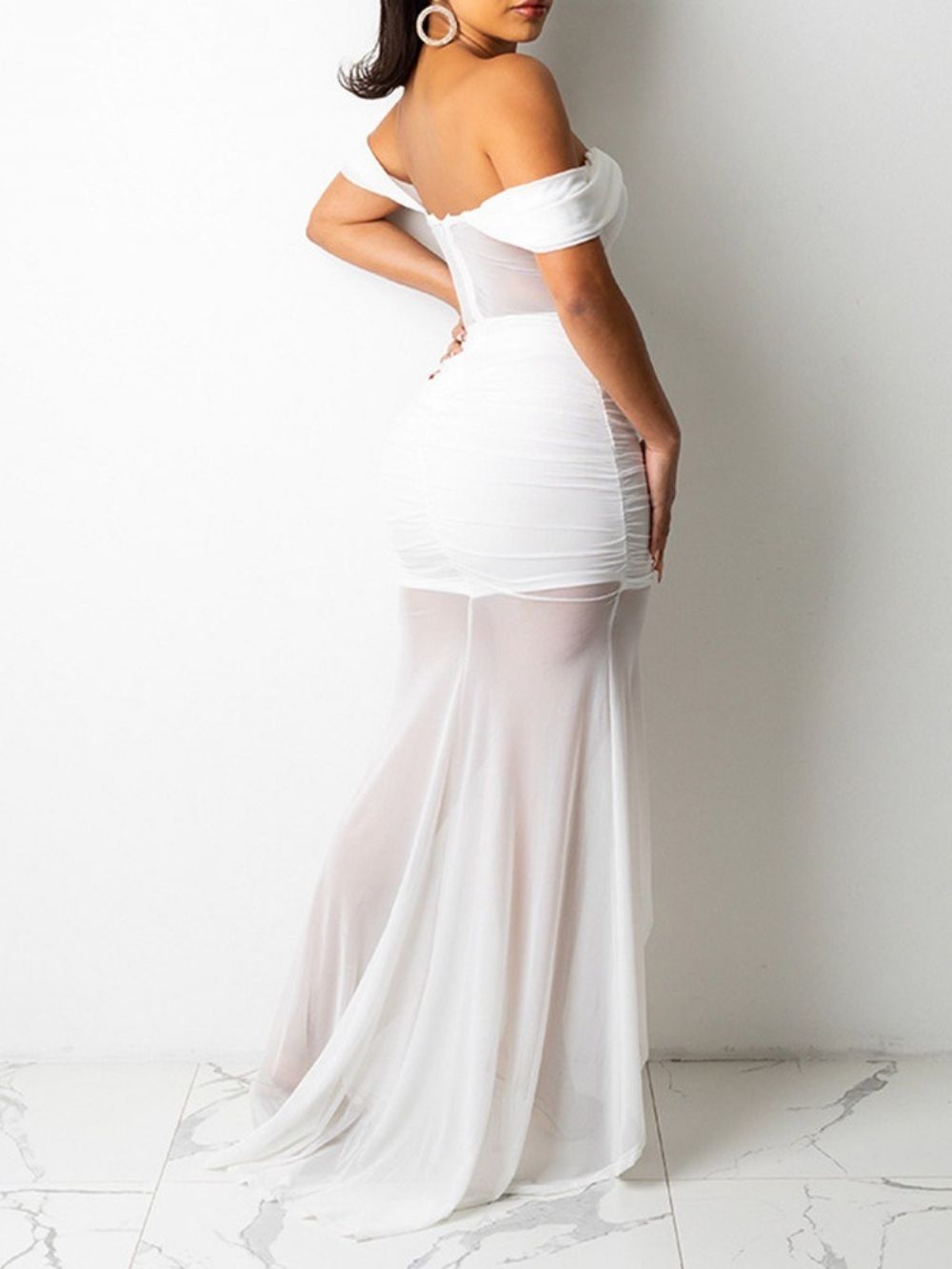 Vestido De Cintura Média Bodycon Transparente Manga Curta Até O Chão