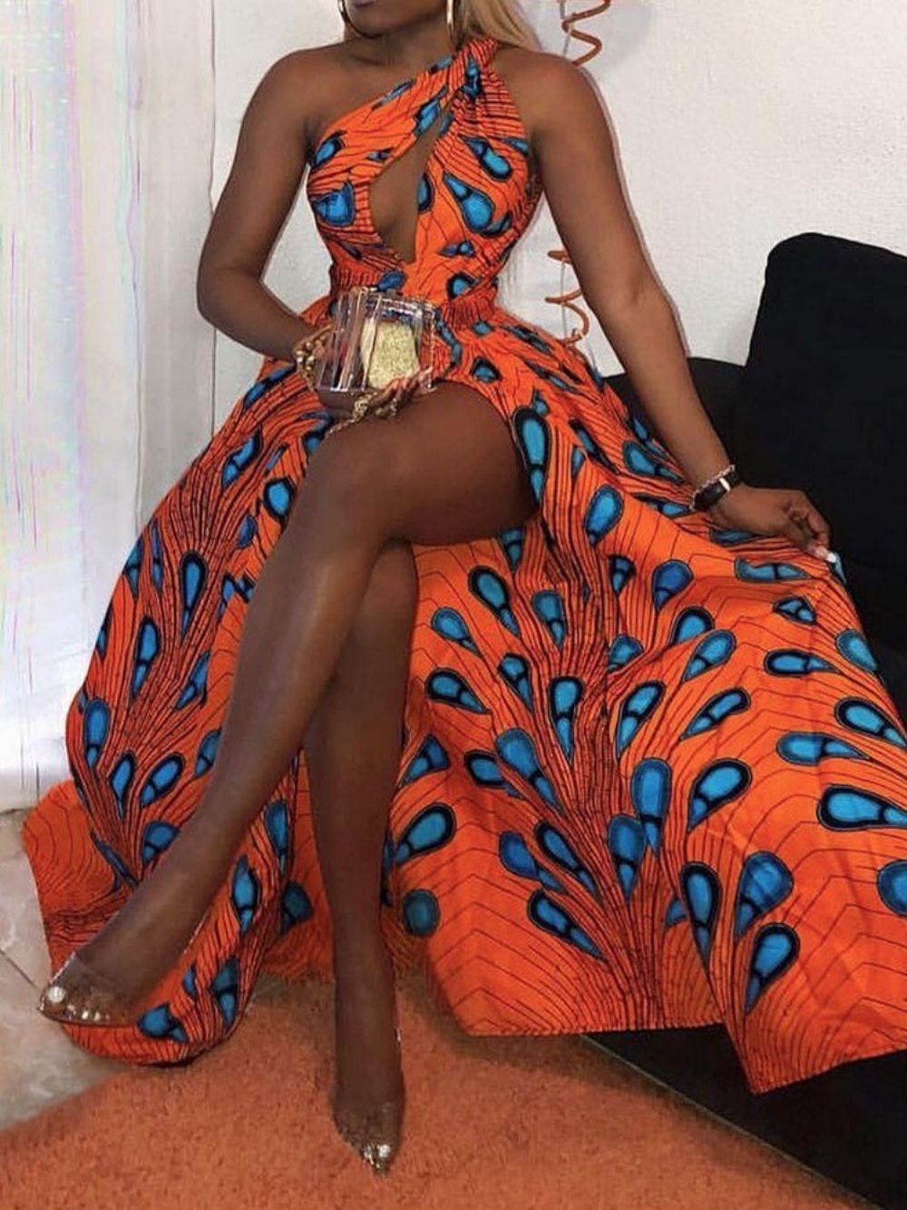 Vestido Estilo Africano Longo Sem Mangas E Cintura Padrão