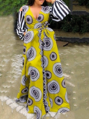 Vestido Estilo Africano De Retalhos Com Decote Em V Bolso E Cintura Alta