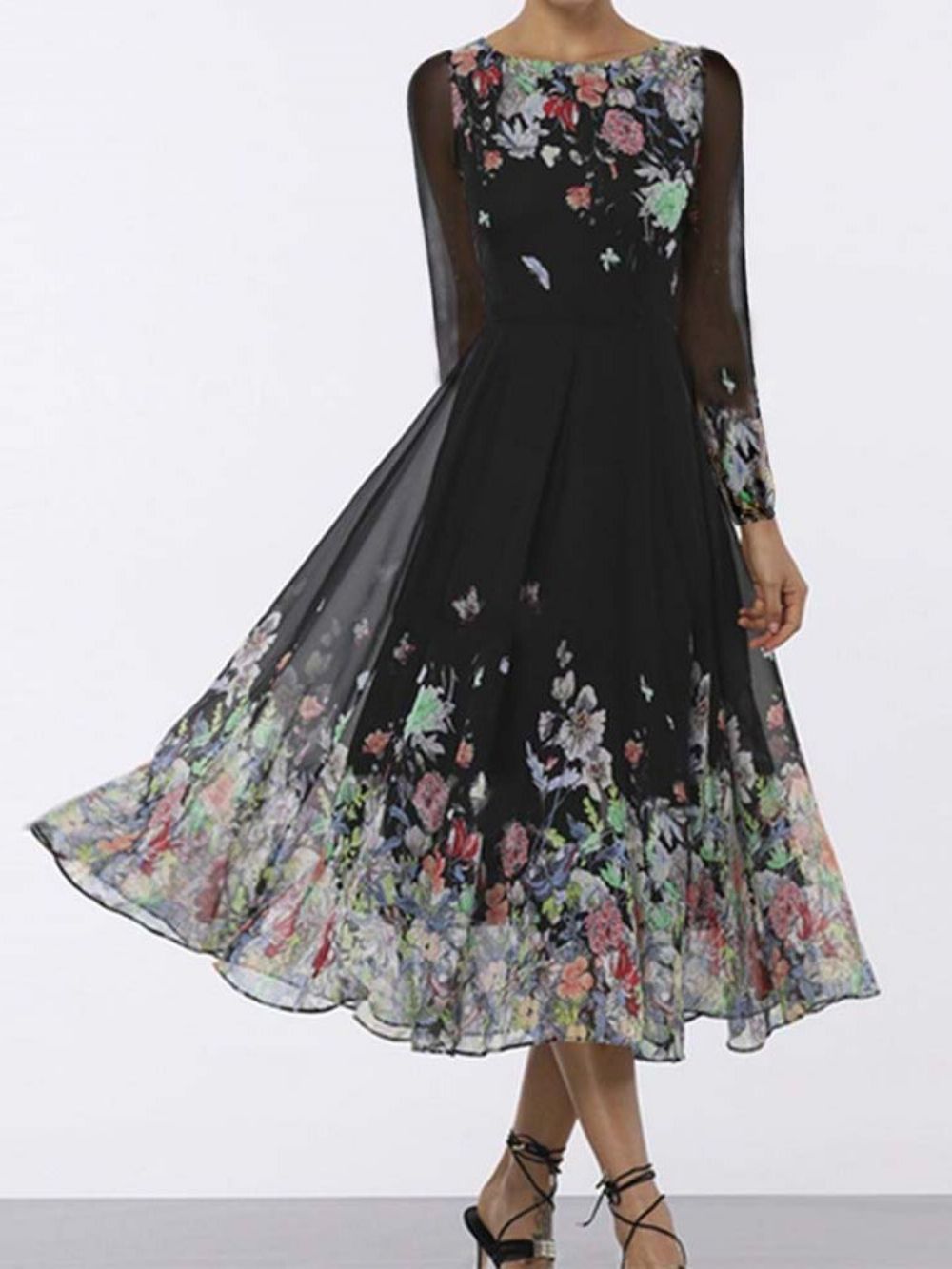 Vestido Floral Manga Longa Estampa De Panturrilha E Cintura Média