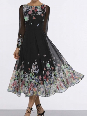 Vestido Floral Manga Longa Estampa De Panturrilha E Cintura Média