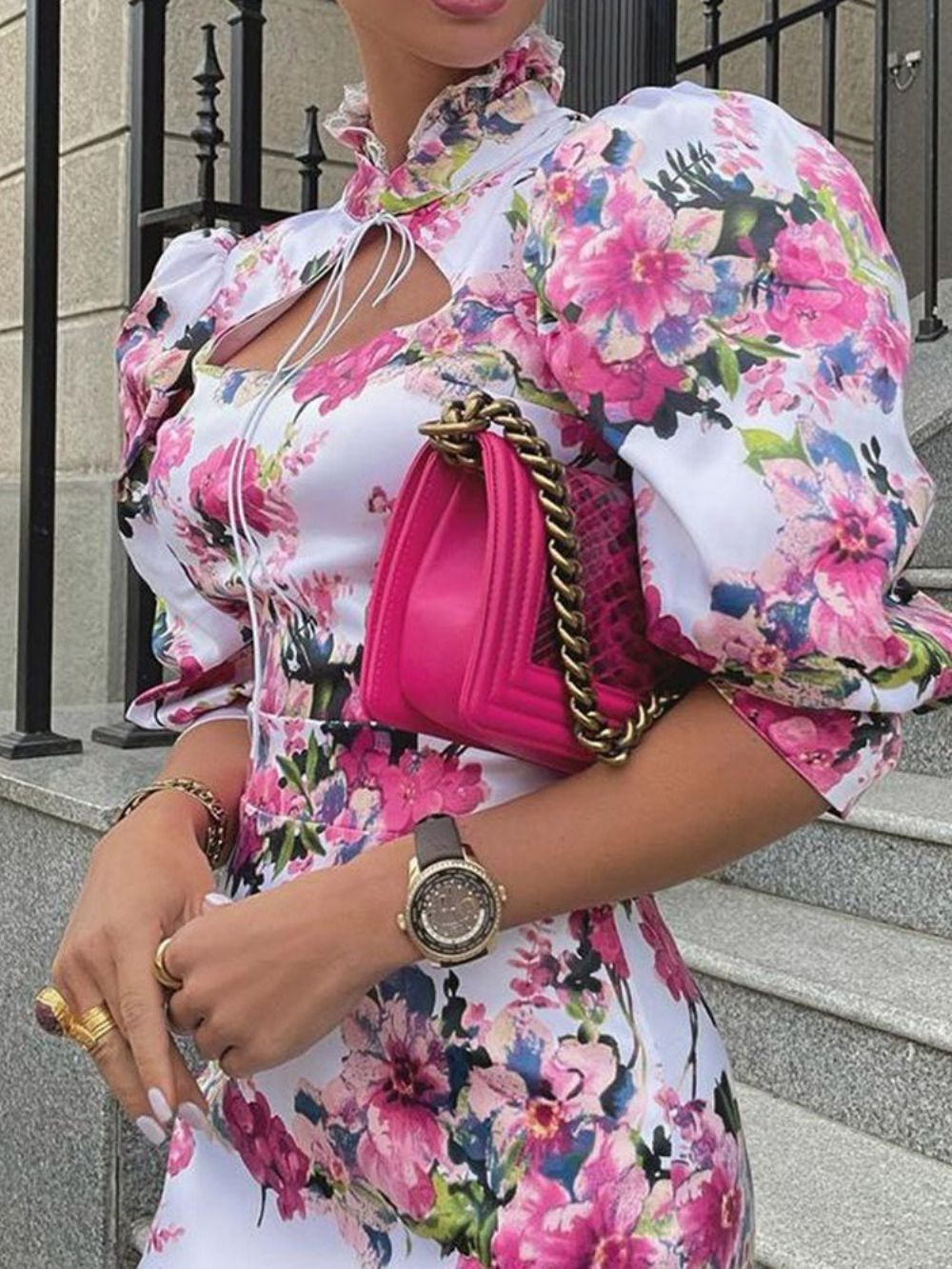 Vestido Floral De Verão Com Gola De Manga Três Quartos E Meio Da Panturrilha