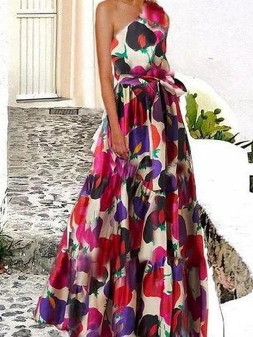 Vestido Longo Com Gola Oblíqua E Sem Mangas Vestido Feminino Floral