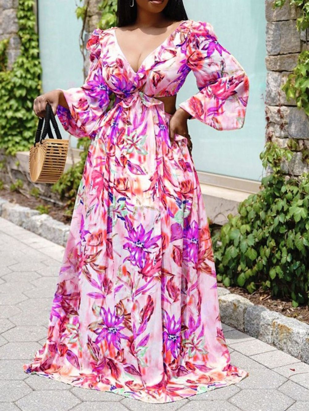 Vestido Longo Estampado Com Manga Nove Pontos E Cintura Alta Floral