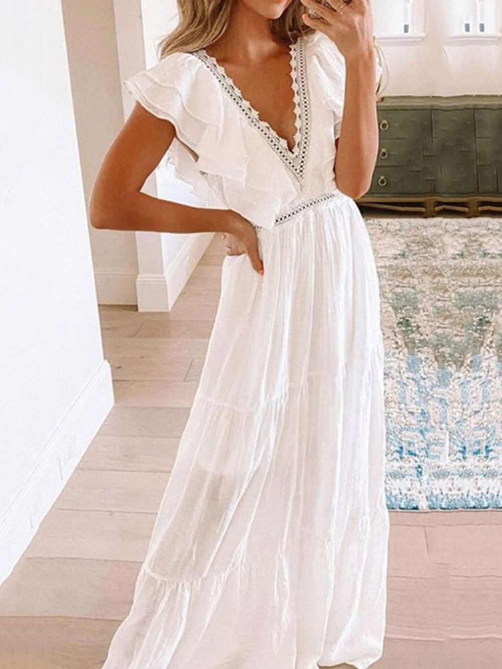 Vestido Longo Manga Curta Falbala Cintura Média Branco Maxi