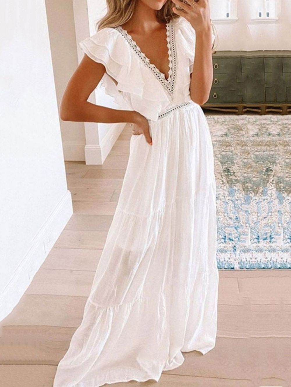 Vestido Longo Manga Curta Falbala Cintura Média Branco Maxi