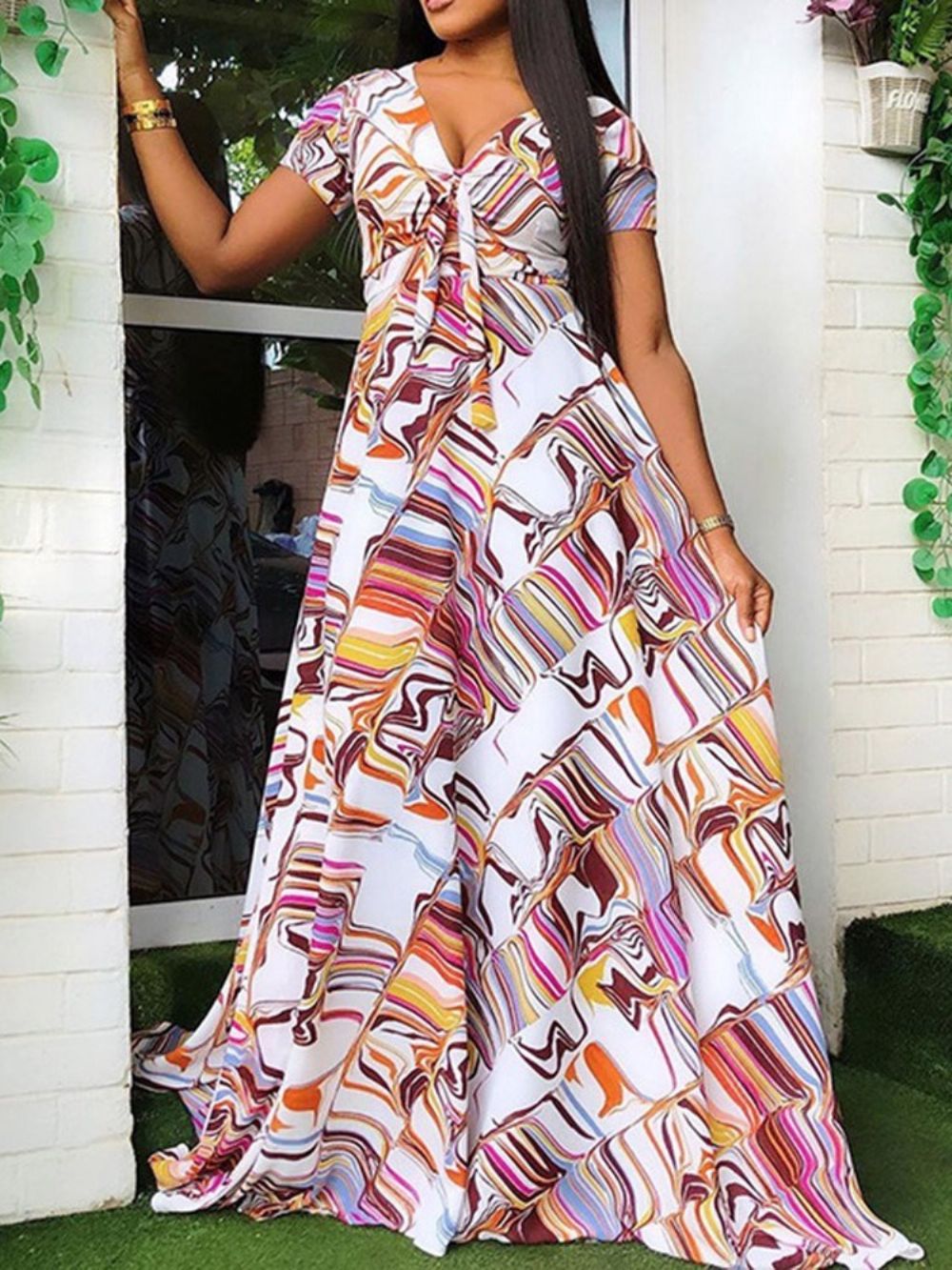 Vestido Maxi Bloco De Cores Com Decote Em V Bolso Até O Chão