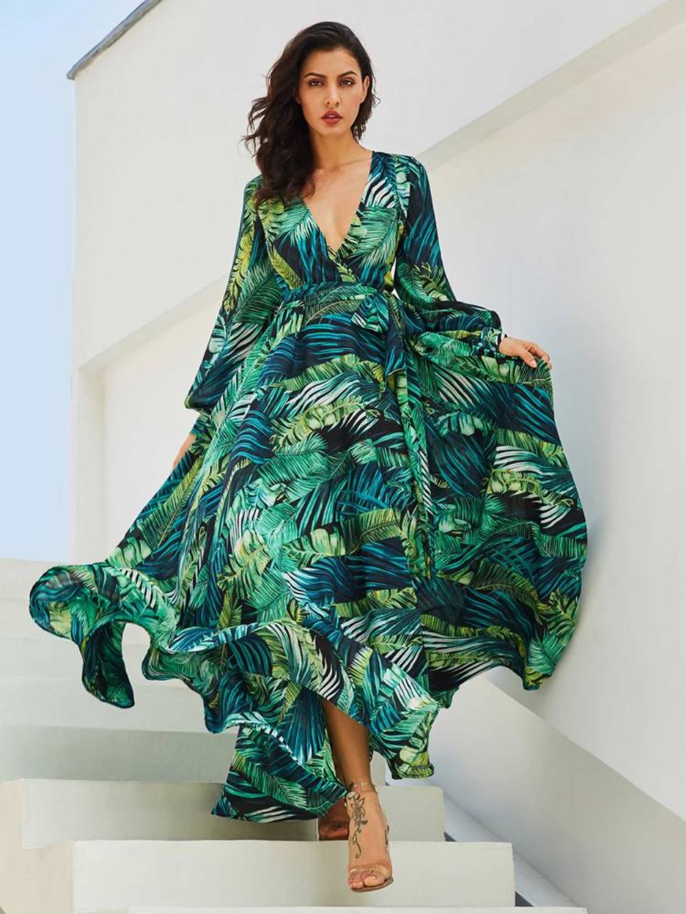 Vestido Maxi Com Decote Em V Com Estampa De Plantas