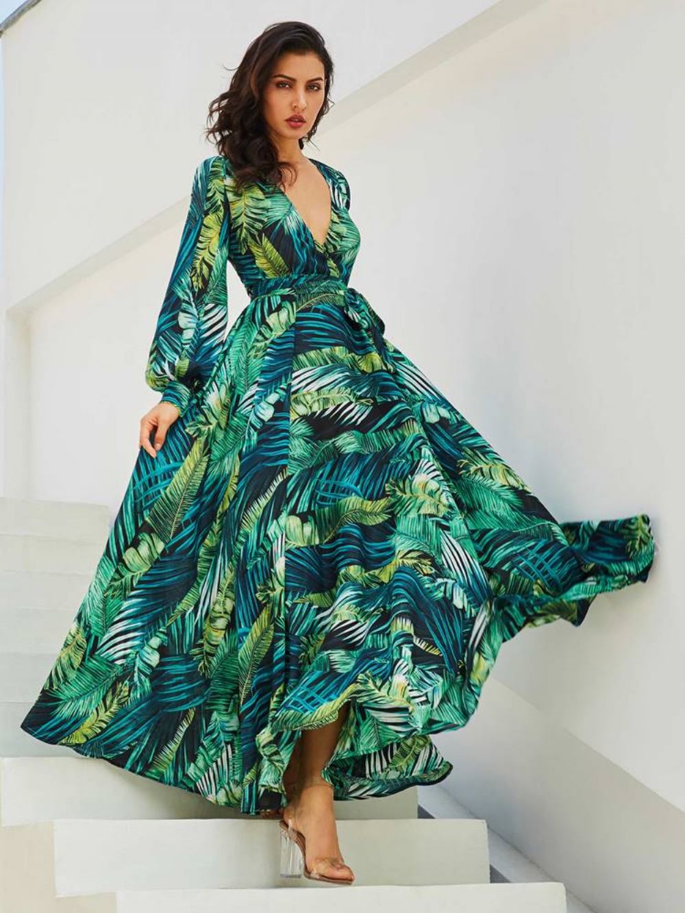 Vestido Maxi Com Decote Em V Com Estampa De Plantas