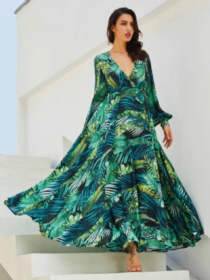 Vestido Maxi Com Decote Em V Com Estampa De Plantas