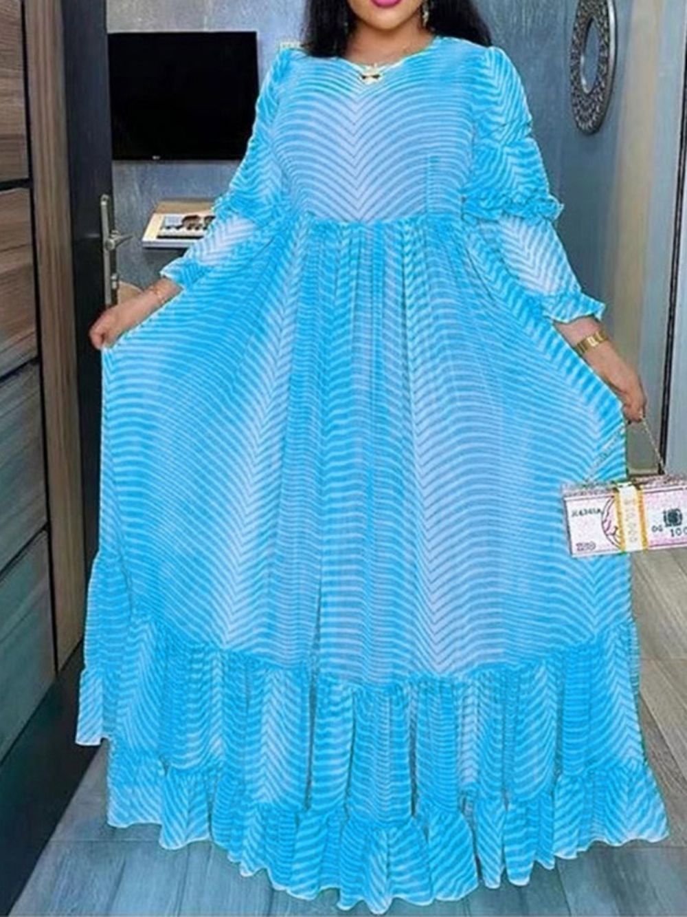 Vestido Maxi Com Estampa De Retalhos Decote Redondo Até O Chão